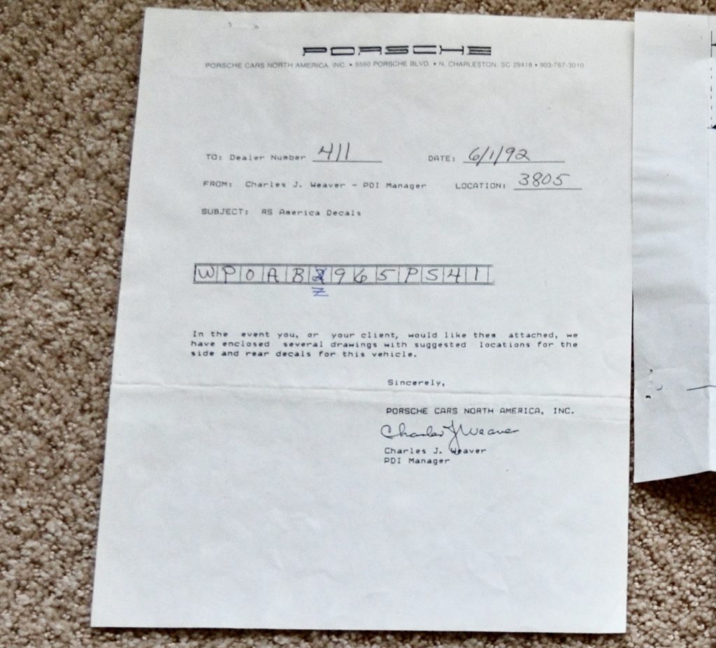Letter from Porsche Disclosing Decals were not Installed in Factory 